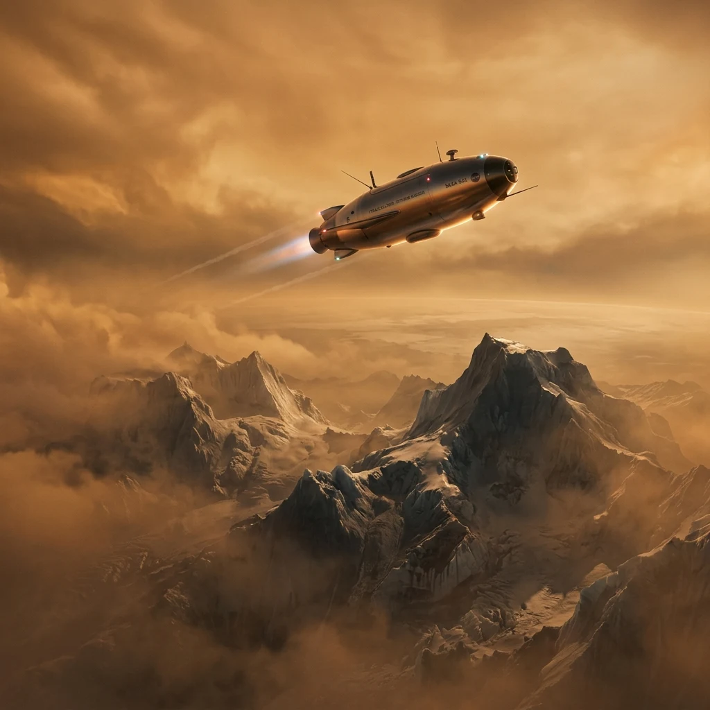 A robotic probe ascending through the thick orange atmosphere of Titan