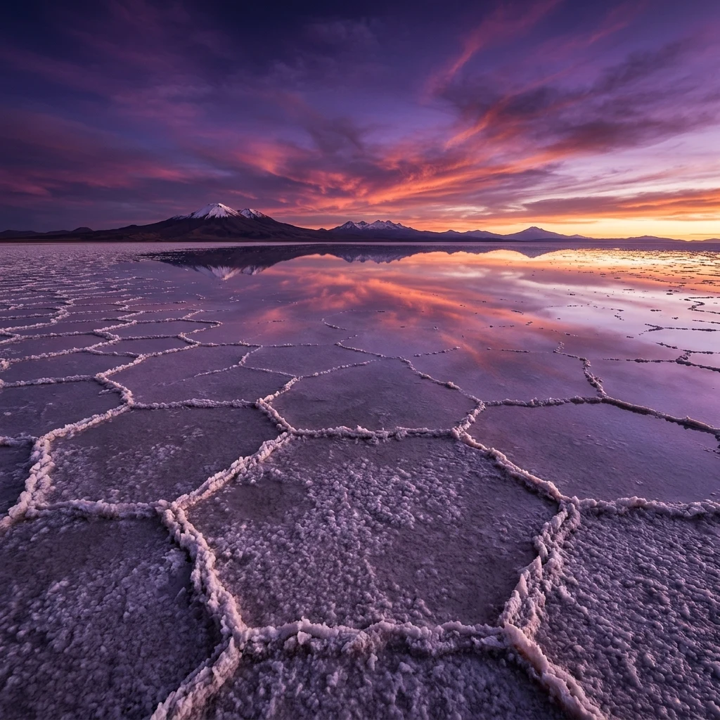 Reflective salt flats at a violet sunset