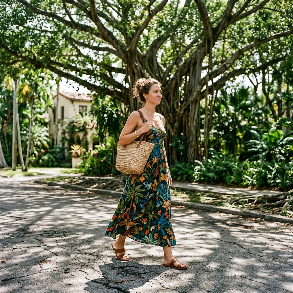 A woman in a printed maxi dress with a woven bag and flat sandals on a Coconut Grove side…