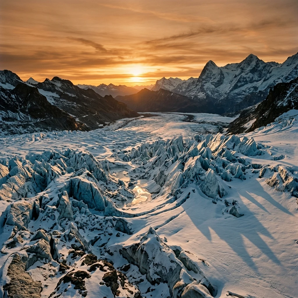 A dramatic view across an expansive icefield at sunset