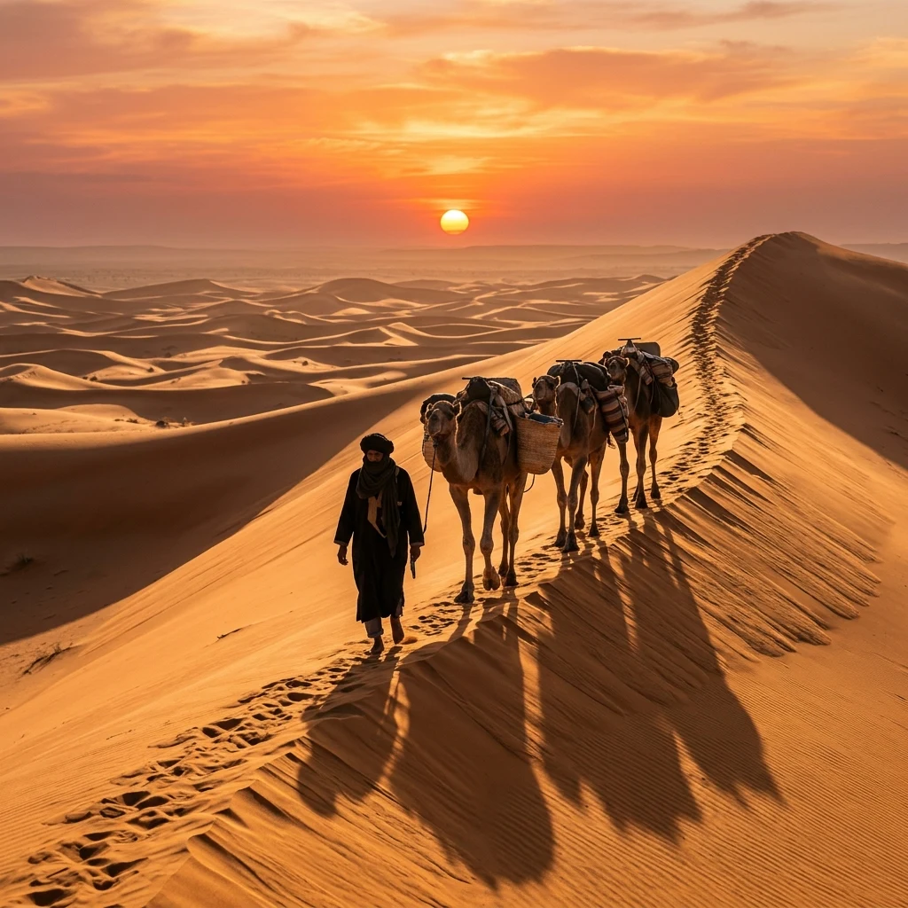 Camel caravan crossing a desert sand dune