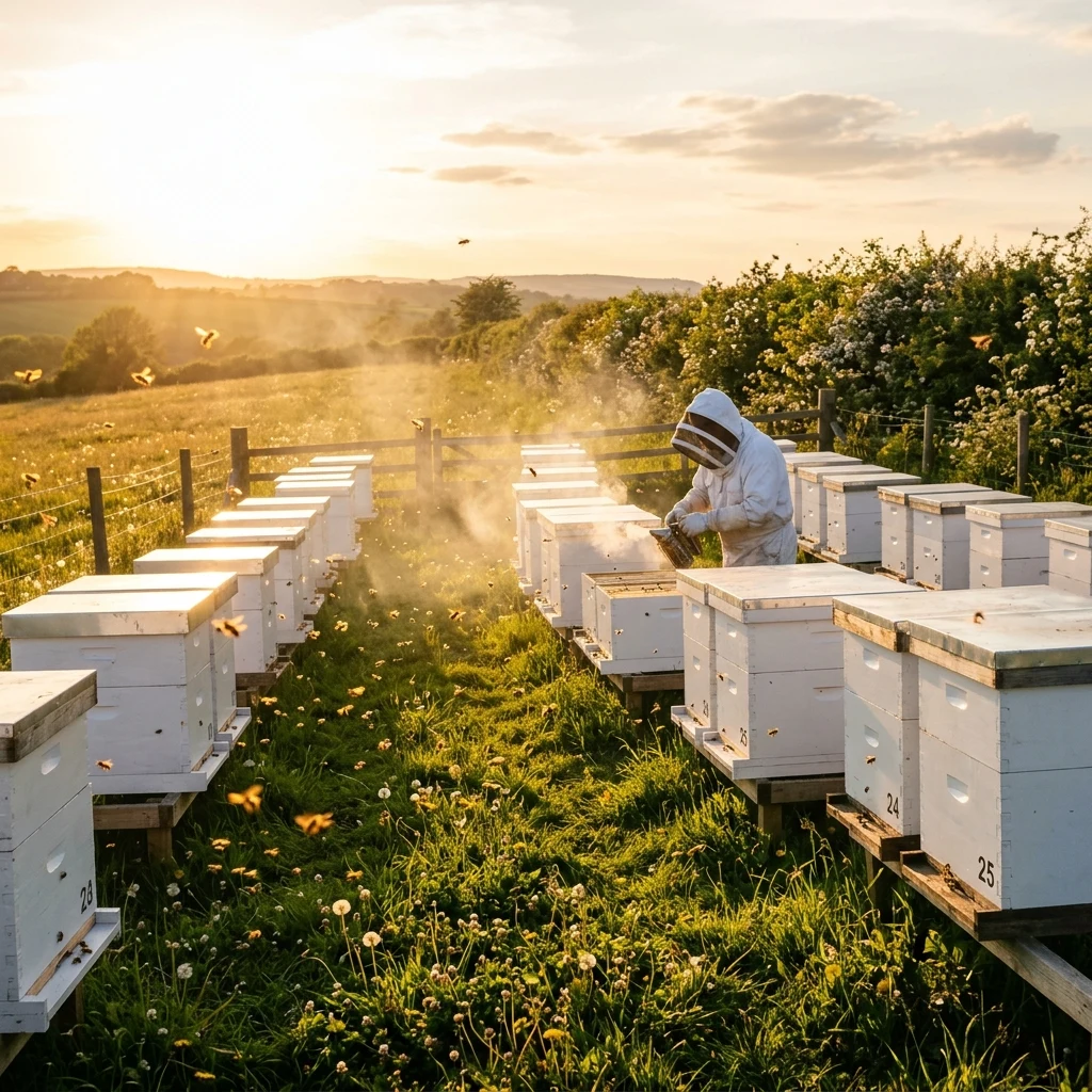 A beekeeper's apiary in late afternoon backlight