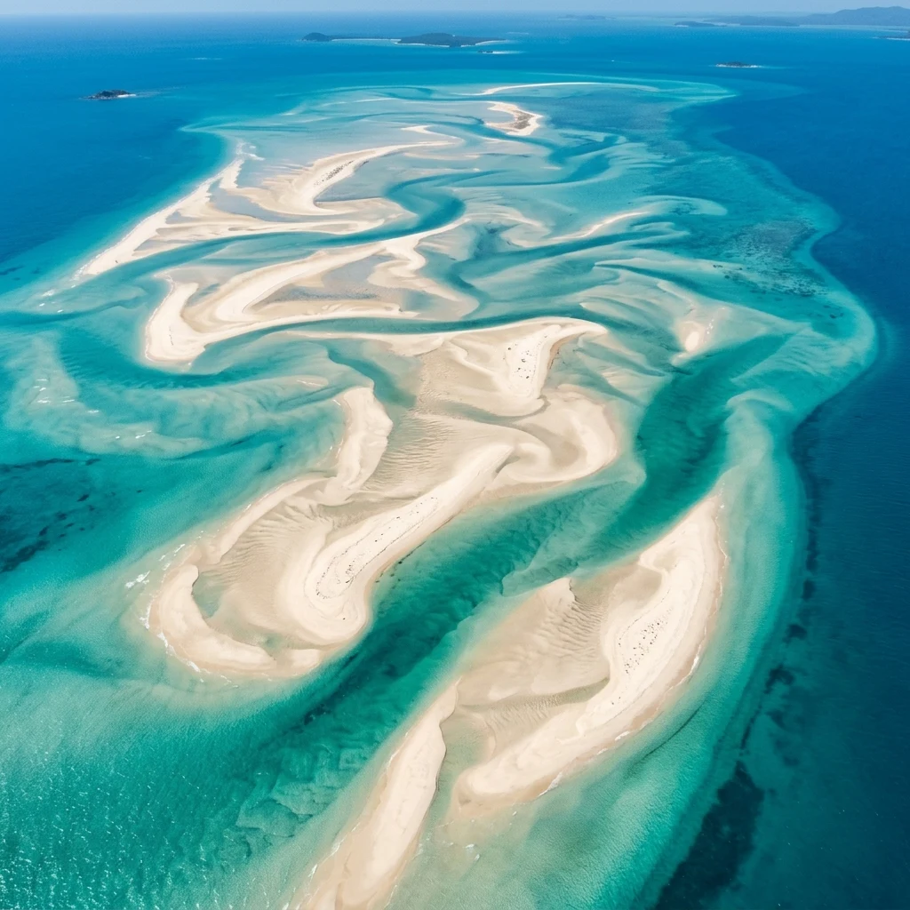 An overhead drone shot of the Bazaruto Archipelago sandbars in Mozambique