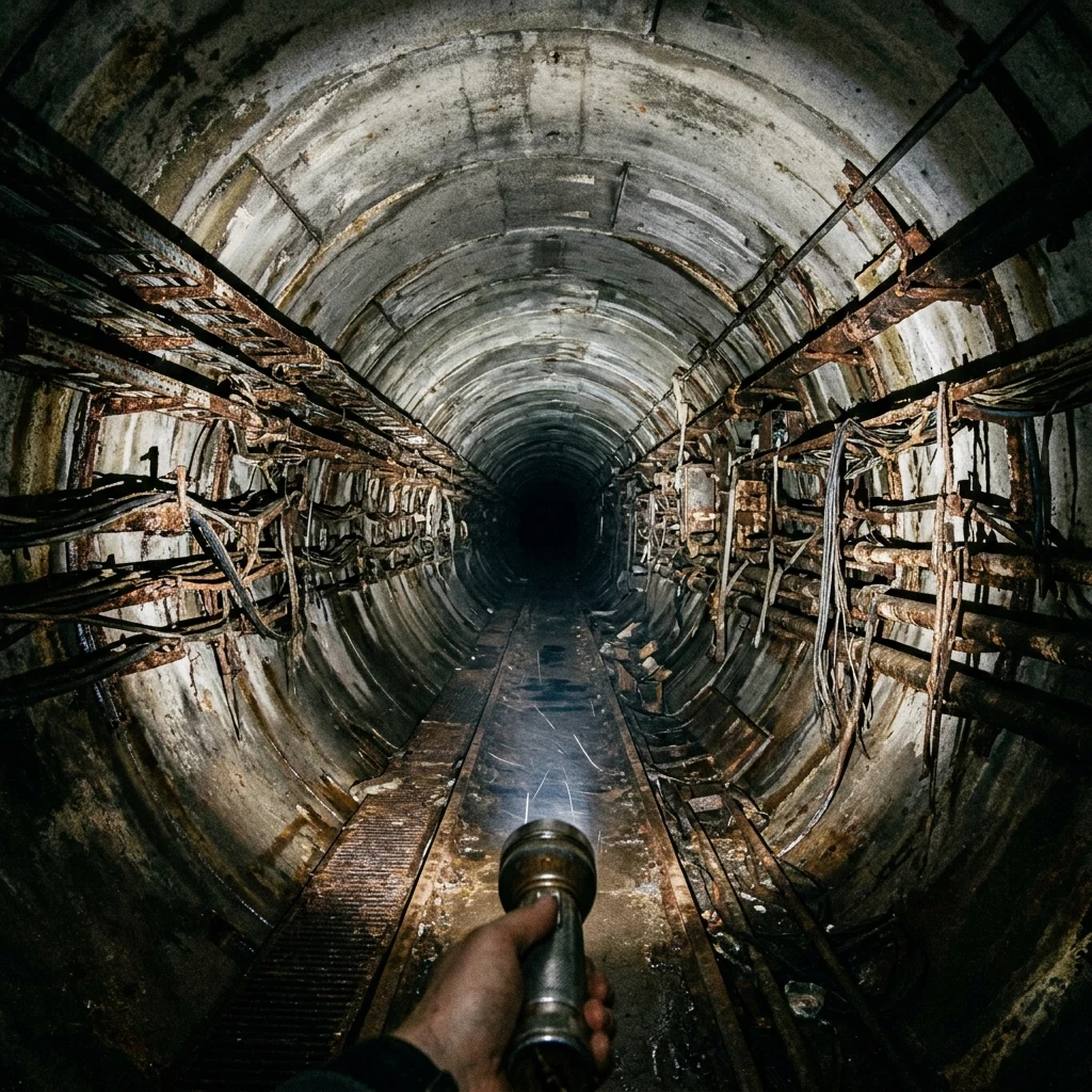 An abandoned subterranean particle accelerator tunnel stretching into pitch darkness