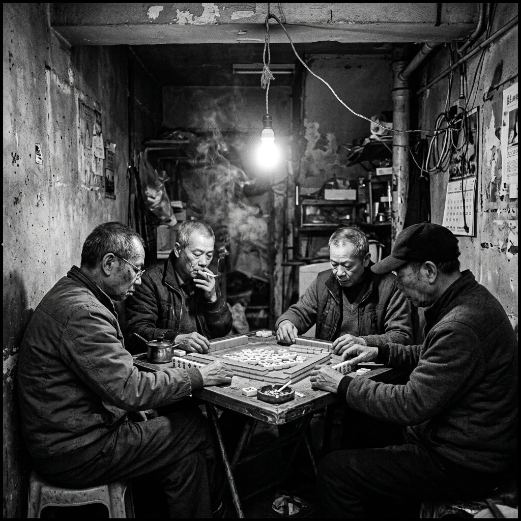 A group of men playing mahjong under a single hanging lightbulb in a ground-floor room of…