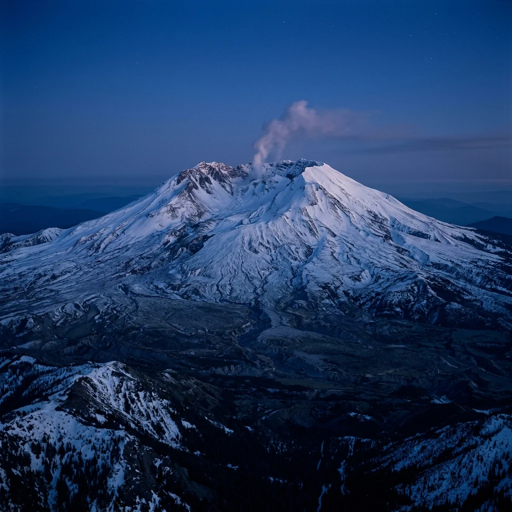 Mount St. Helens standing stark against a twilight sky