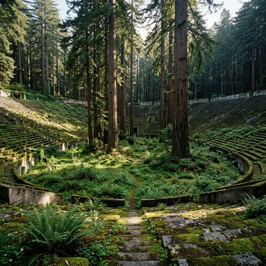 Forest reclaiming an abandoned sports stadium