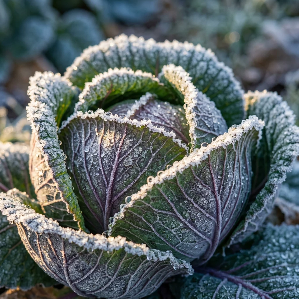 Frosty cabbage leaves in a morning garden