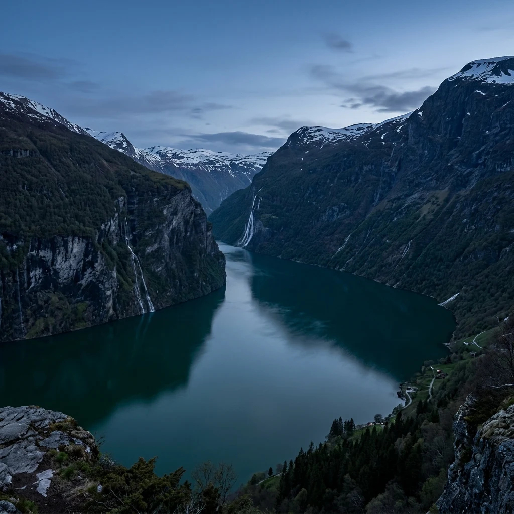 A long-exposure photograph of a deep Norwegian fjord cut into the Scandinavian Mountains