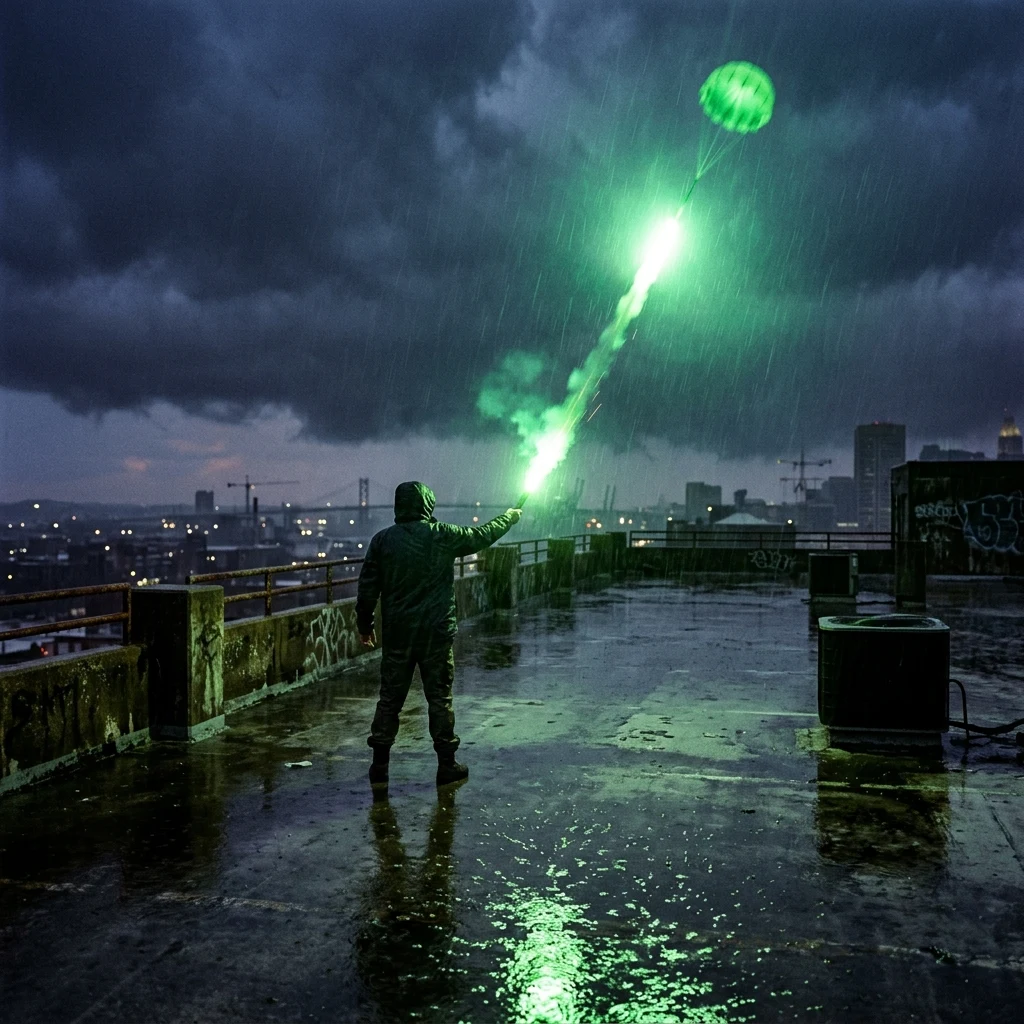 Green flare lighting up a rainy city rooftop