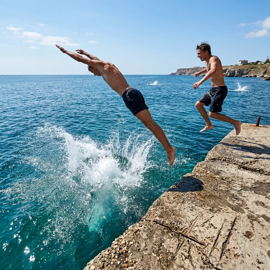 A pair of young men diving off a concrete pier into the Black Sea near Odesa