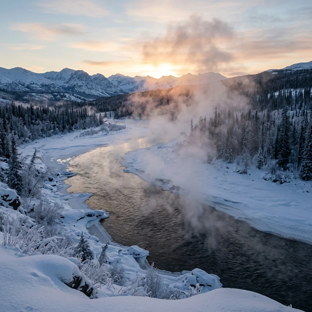 Steam rising from a frozen river at dawn
