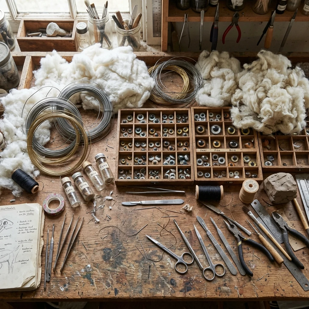 An overhead flat-lay photograph of a taxidermy workshop bench