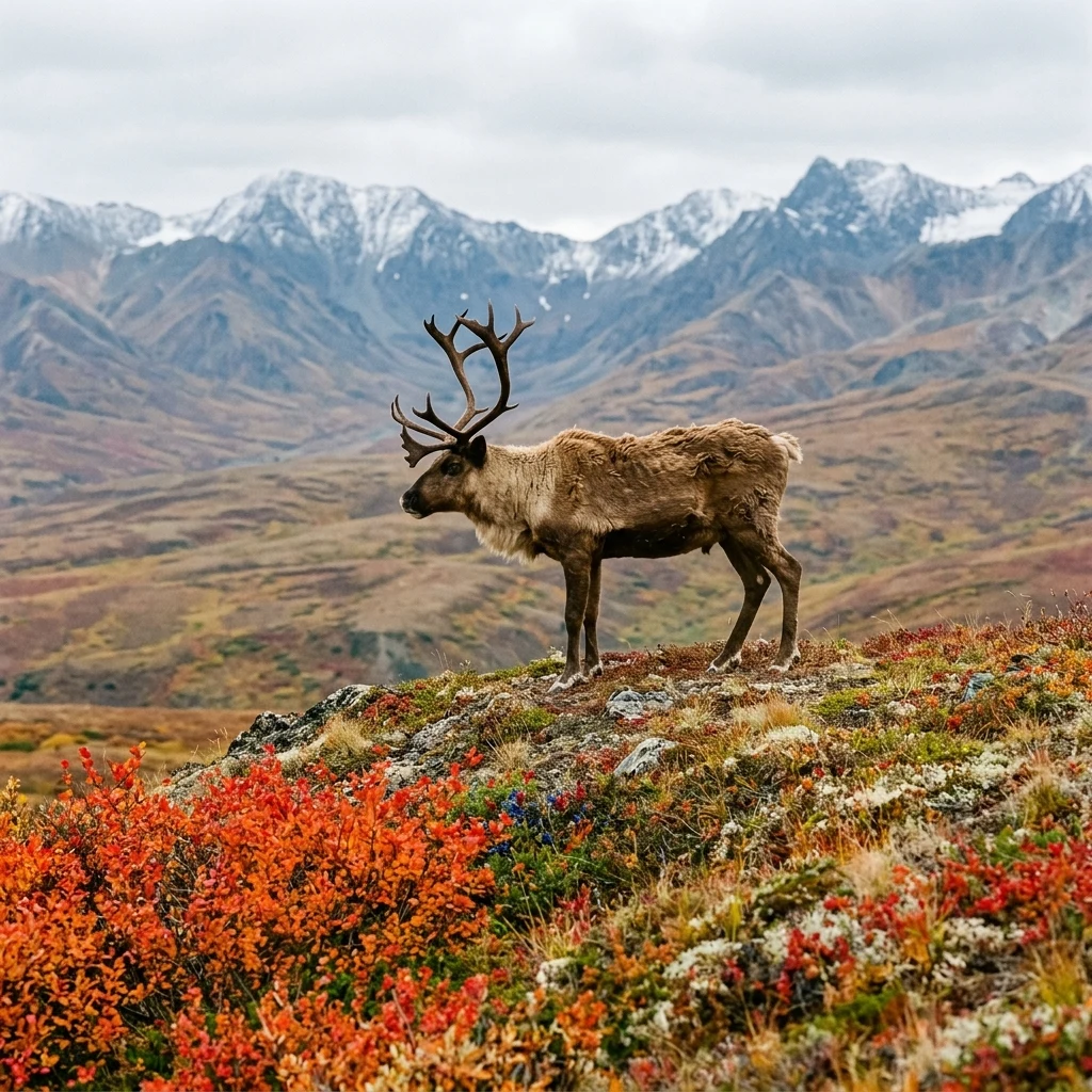 A lone caribou standing on a windswept arctic tundra ridge in the Brooks Range