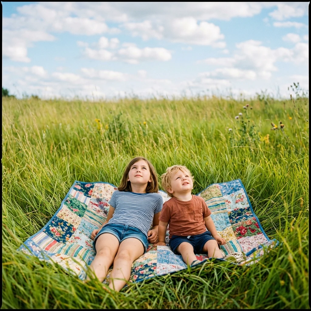 Children resting on a quilt in tall grass
