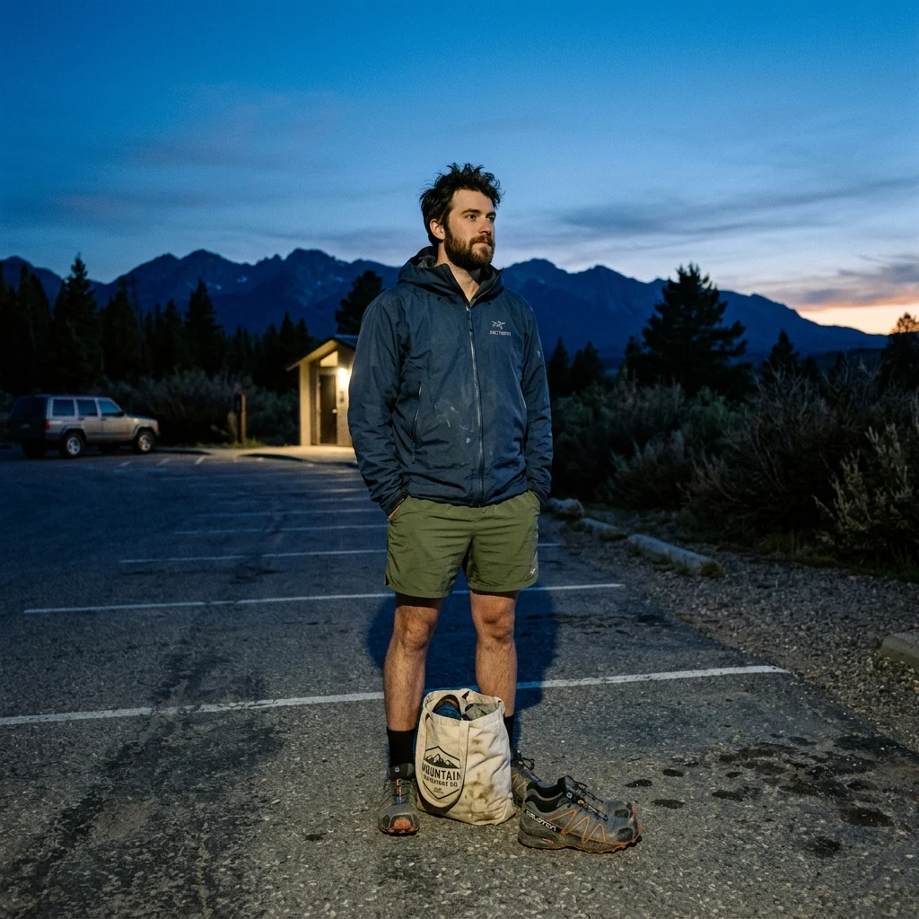 A man in a technical shell over shorts with trail runners and a canvas tote