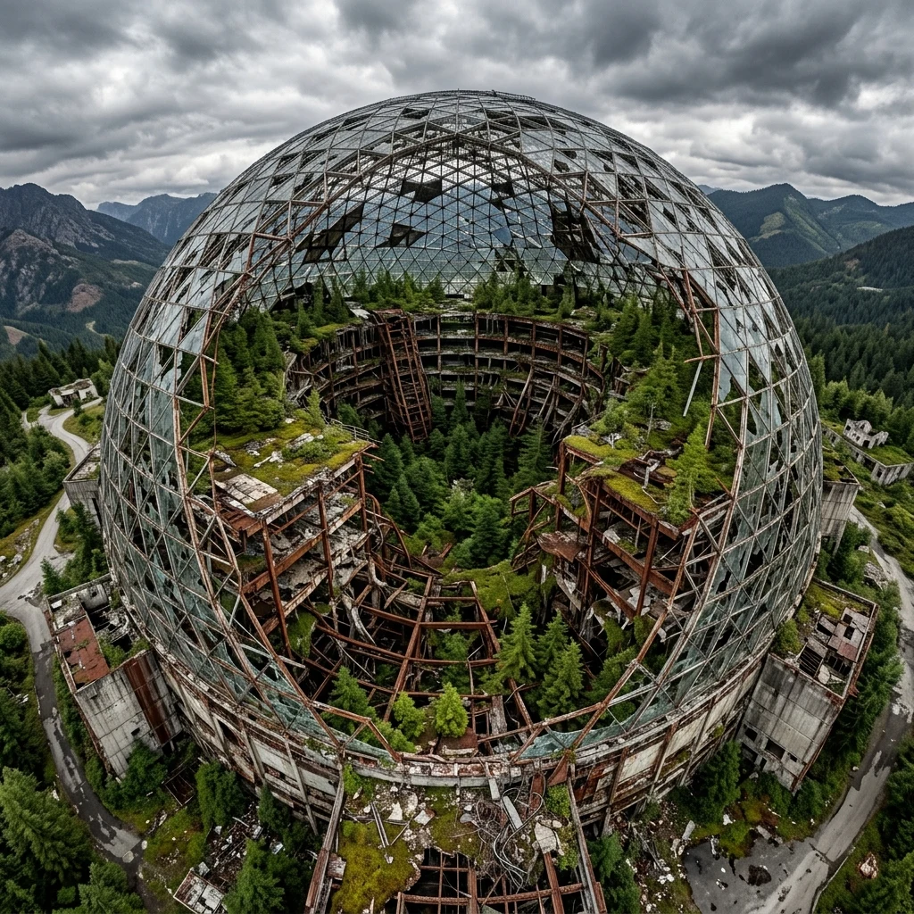 Nature reclaiming a ruined glass dome