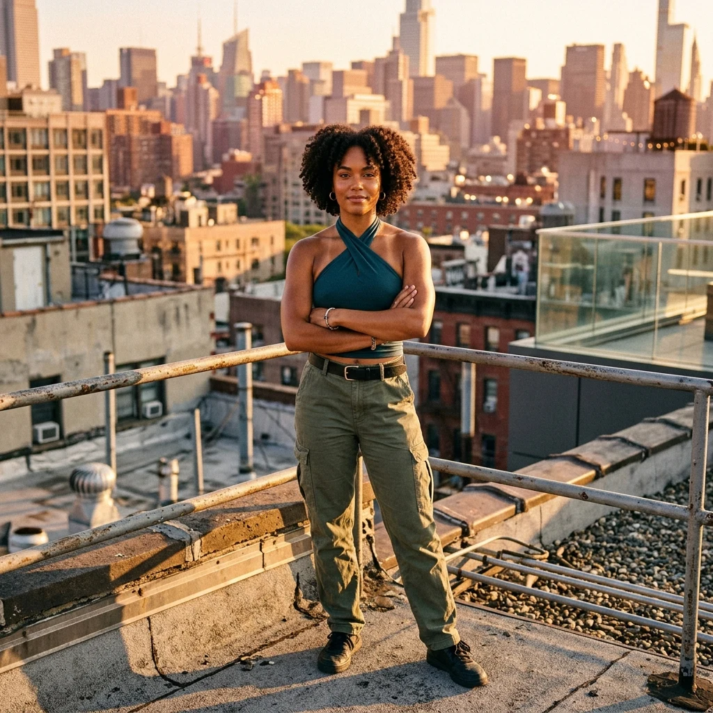 Confident woman on a sunlit city rooftop
