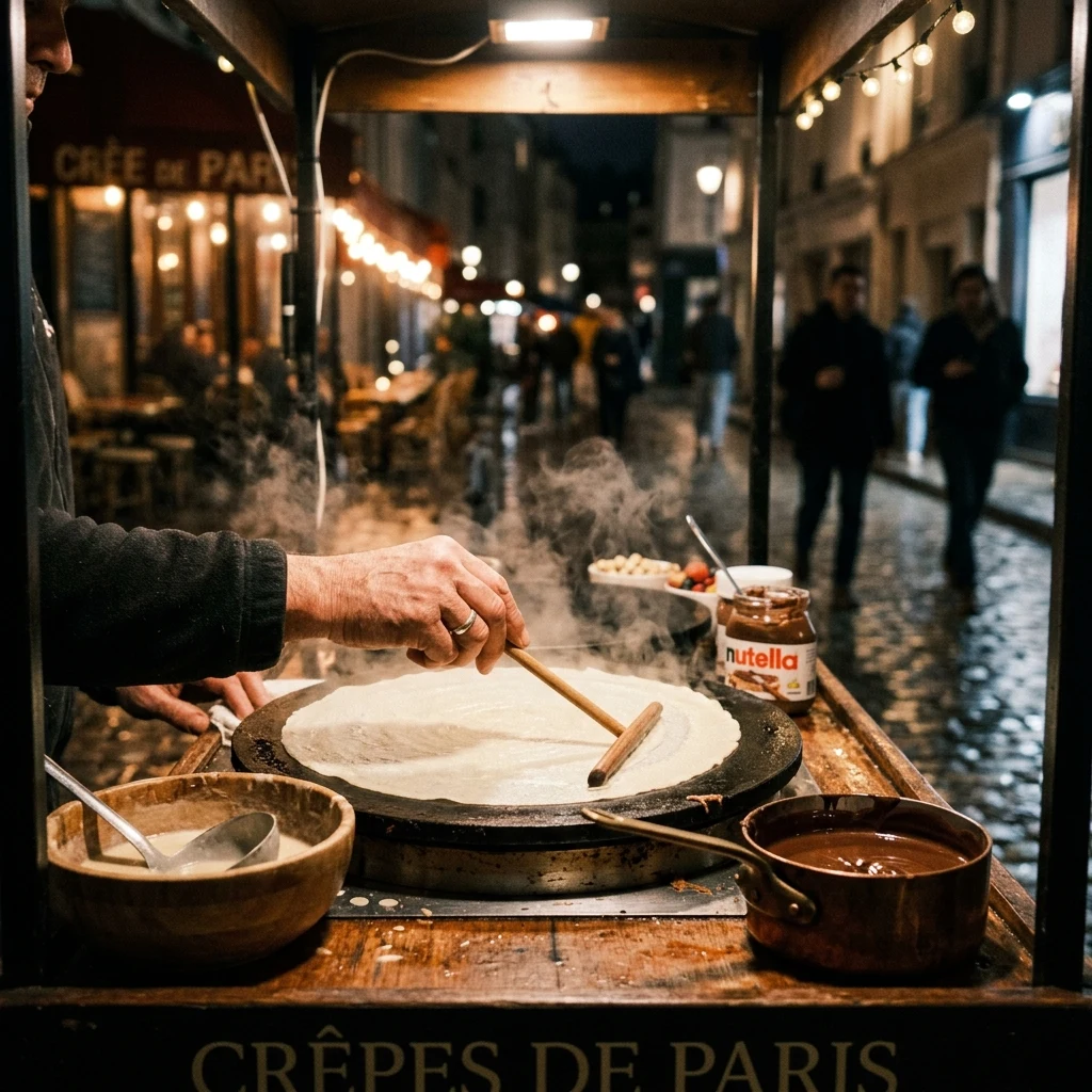 A traditional creperie cart in Paris at night