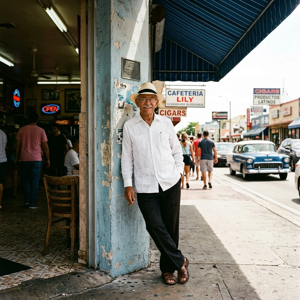 A man in a crisp guayabera and a Panama hat under a Calle Ocho storefront awning