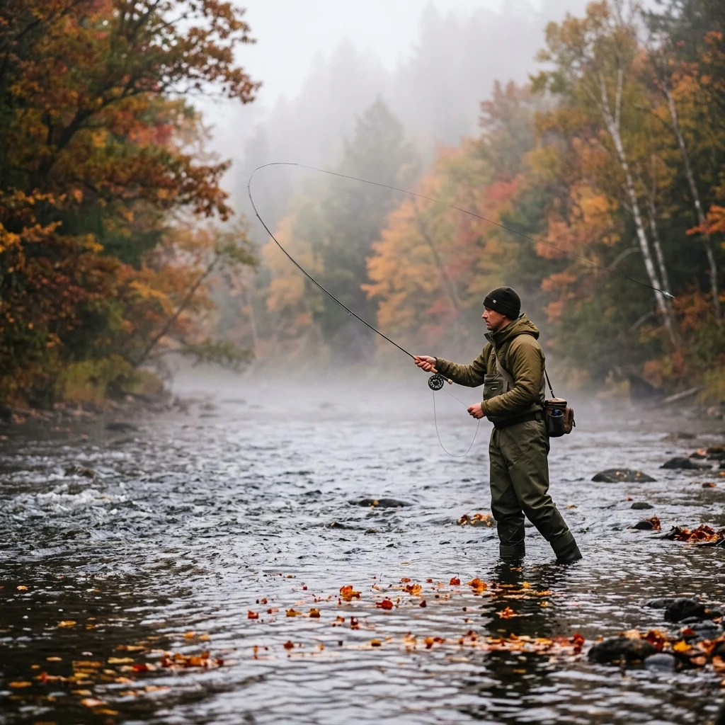 A fly fisherman standing in a misty river during leaf fall