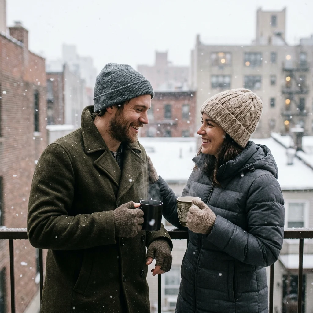 A sister and brother in their early thirties sharing a coffee on an apartment balcony in…