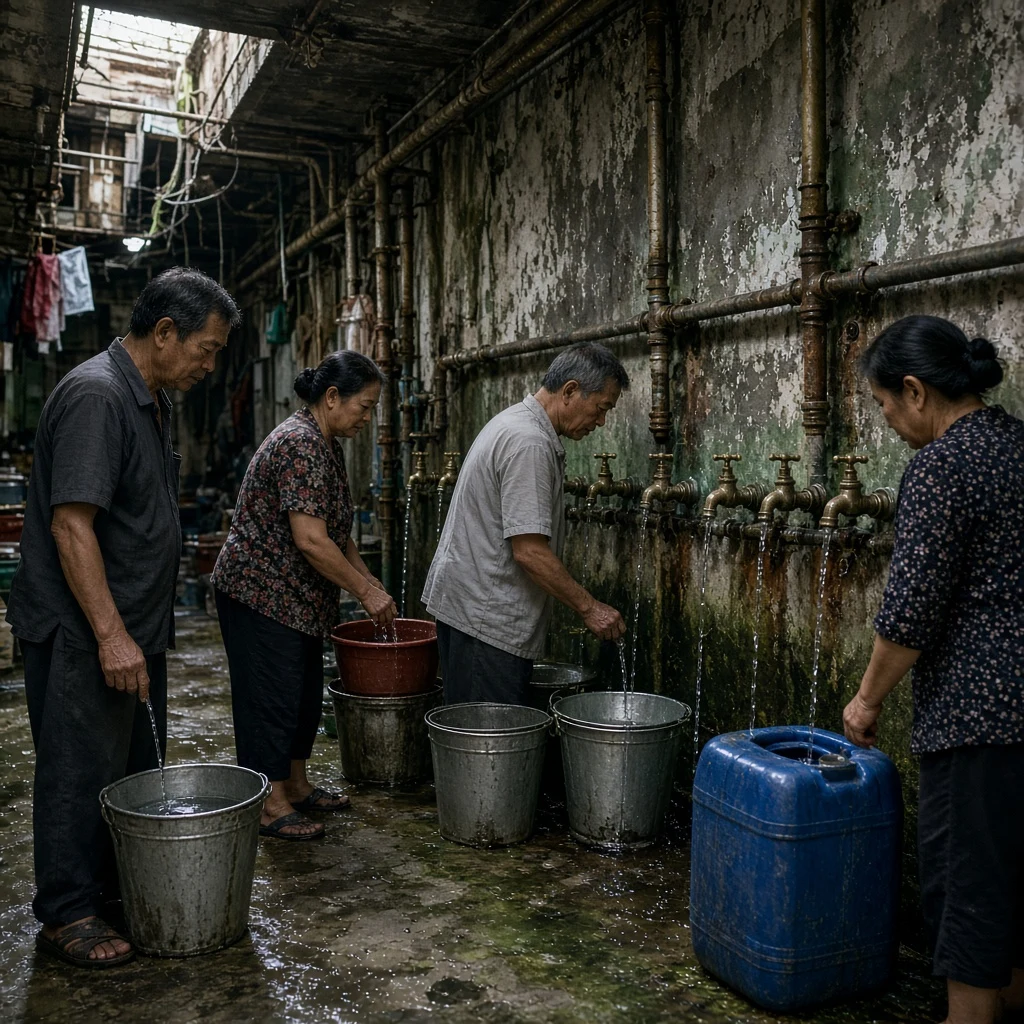 A communal water tap room inside Kowloon Walled City during the day