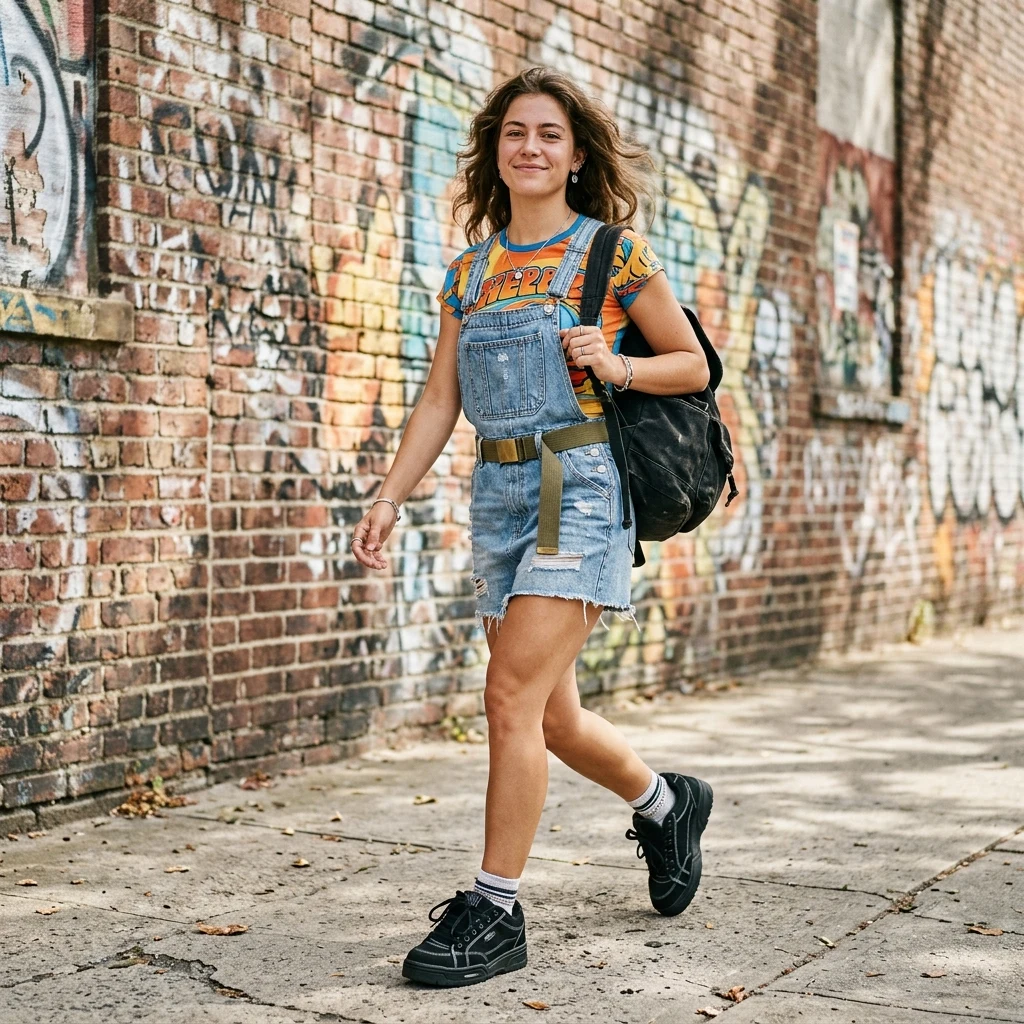 Casual denim outfit on a city street