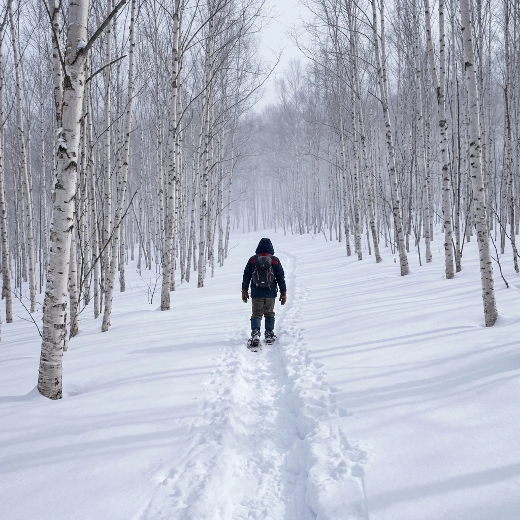 A snowshoer breaking trail through a birch forest