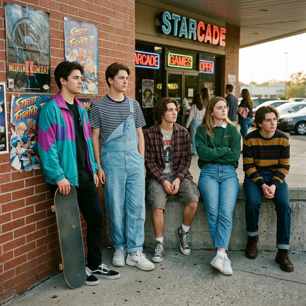 A group of 1990s high school students in color-blocked windbreakers