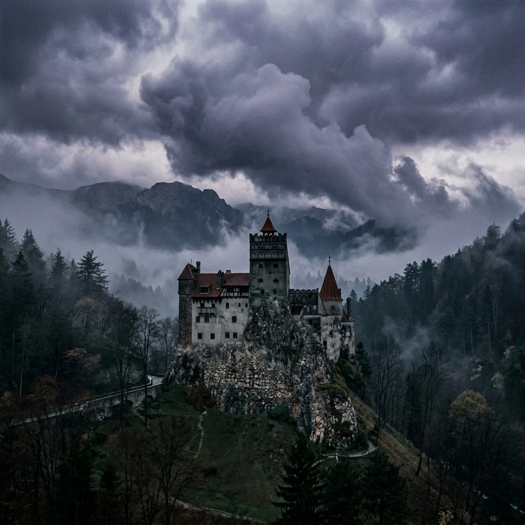 Bran Castle perched on a dramatic rock outcrop in the Carpathian Mountains