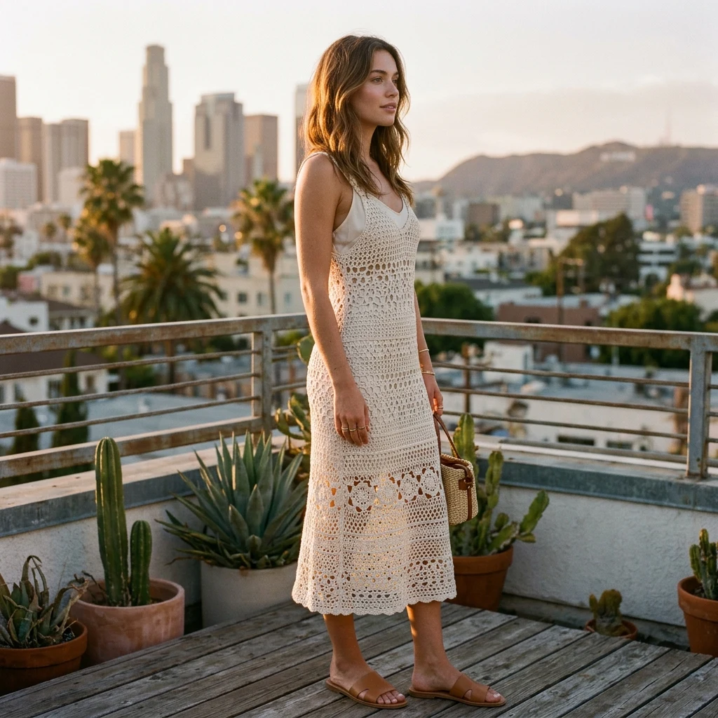 Summer fashion look on a city rooftop