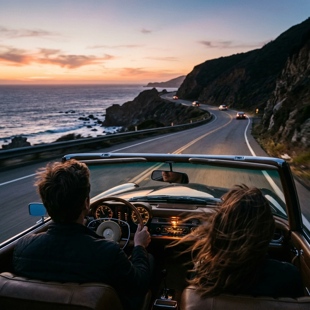 A convertible on a coastal highway at dusk shot from the back seat