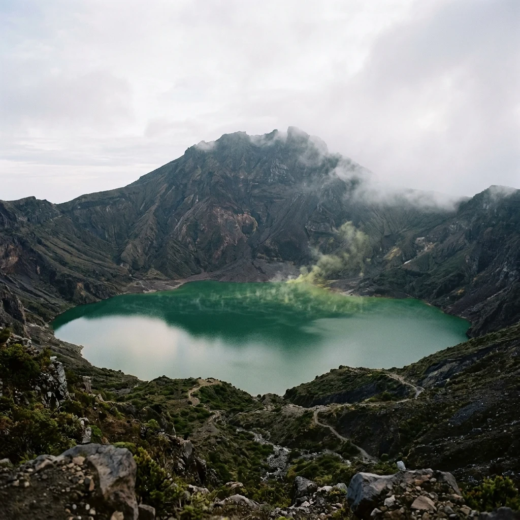 Emerald crater lake at dawn