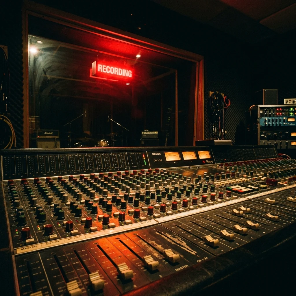 A recording studio control room photographed on 35mm