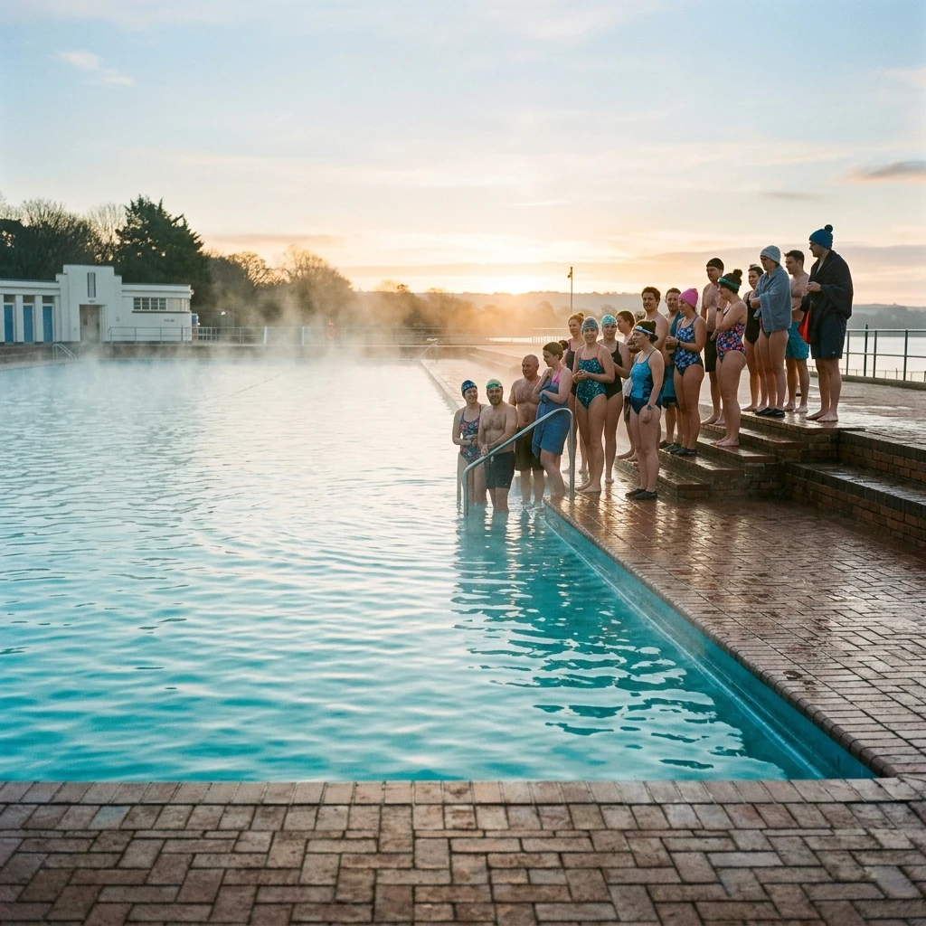 A lido reopening day photographed on 6x7 from the shallow end