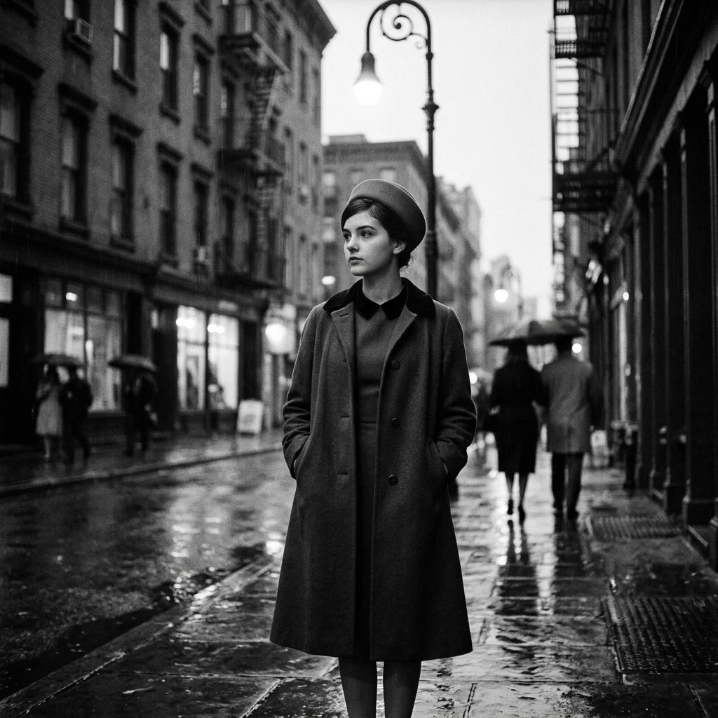 Elegant evening stroll on a rainy city street