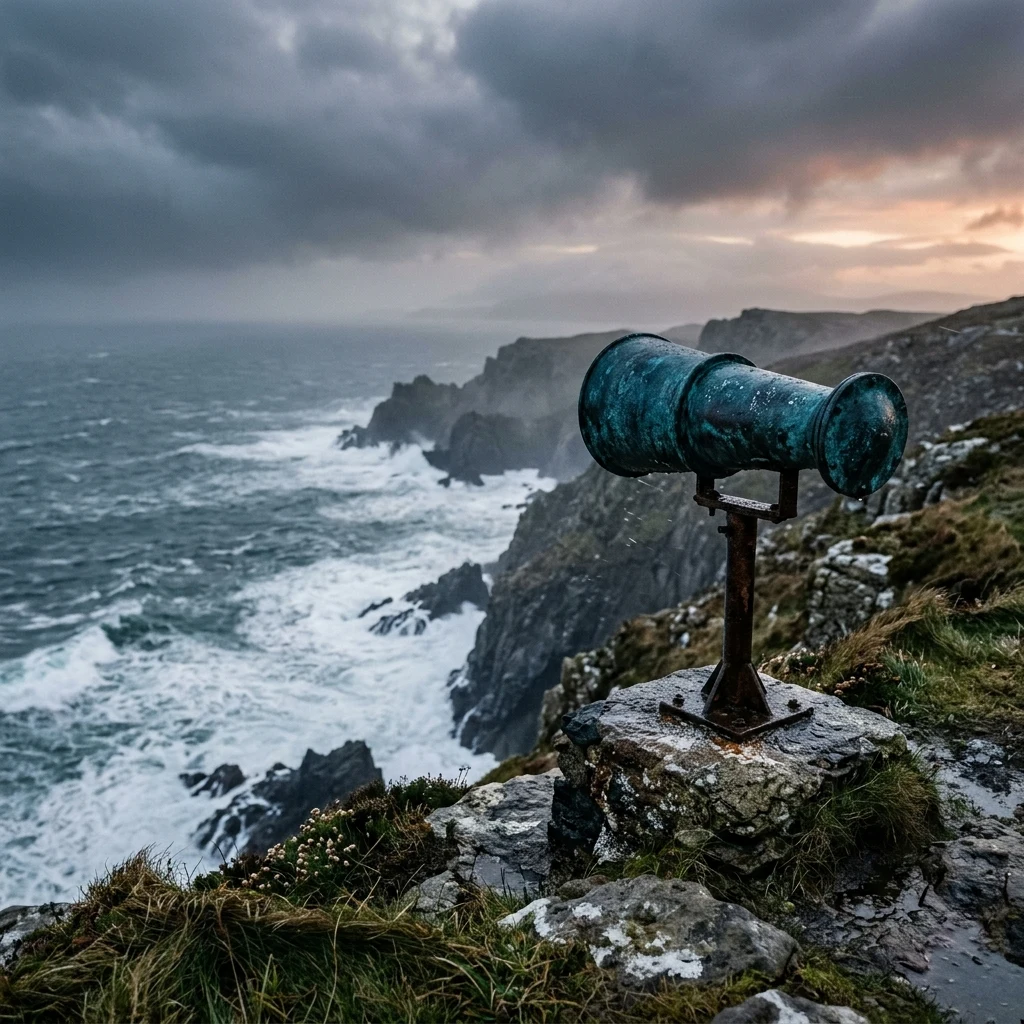 A foghorn station on a windswept cliff face at dawn