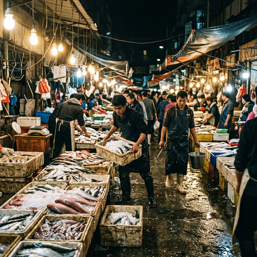 Busy fish market at dawn