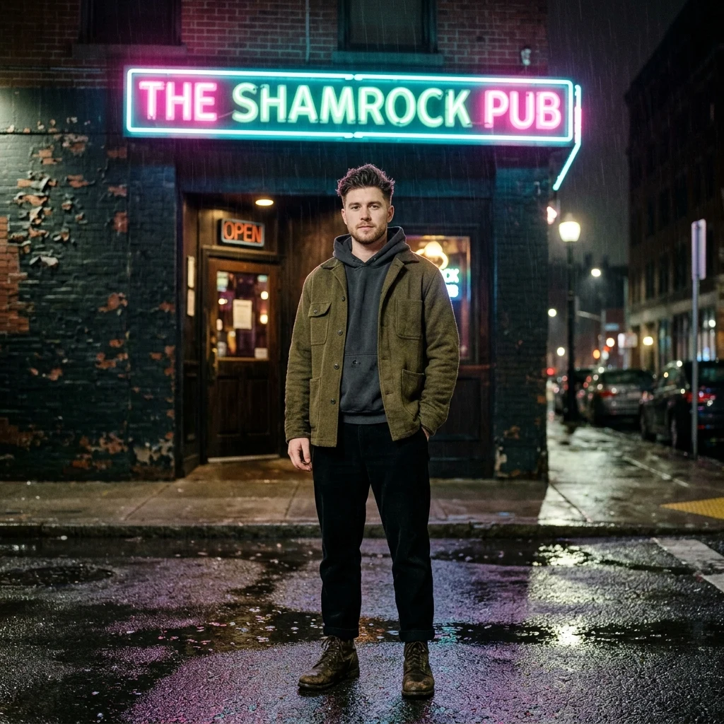 Person standing under a neon bar sign