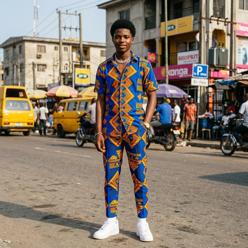 Person in patterned clothing on city street