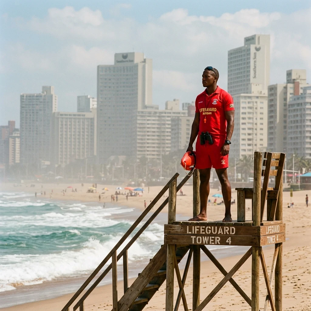 A lifeguard standing watch on the golden sands of Durban’s Golden Mile
