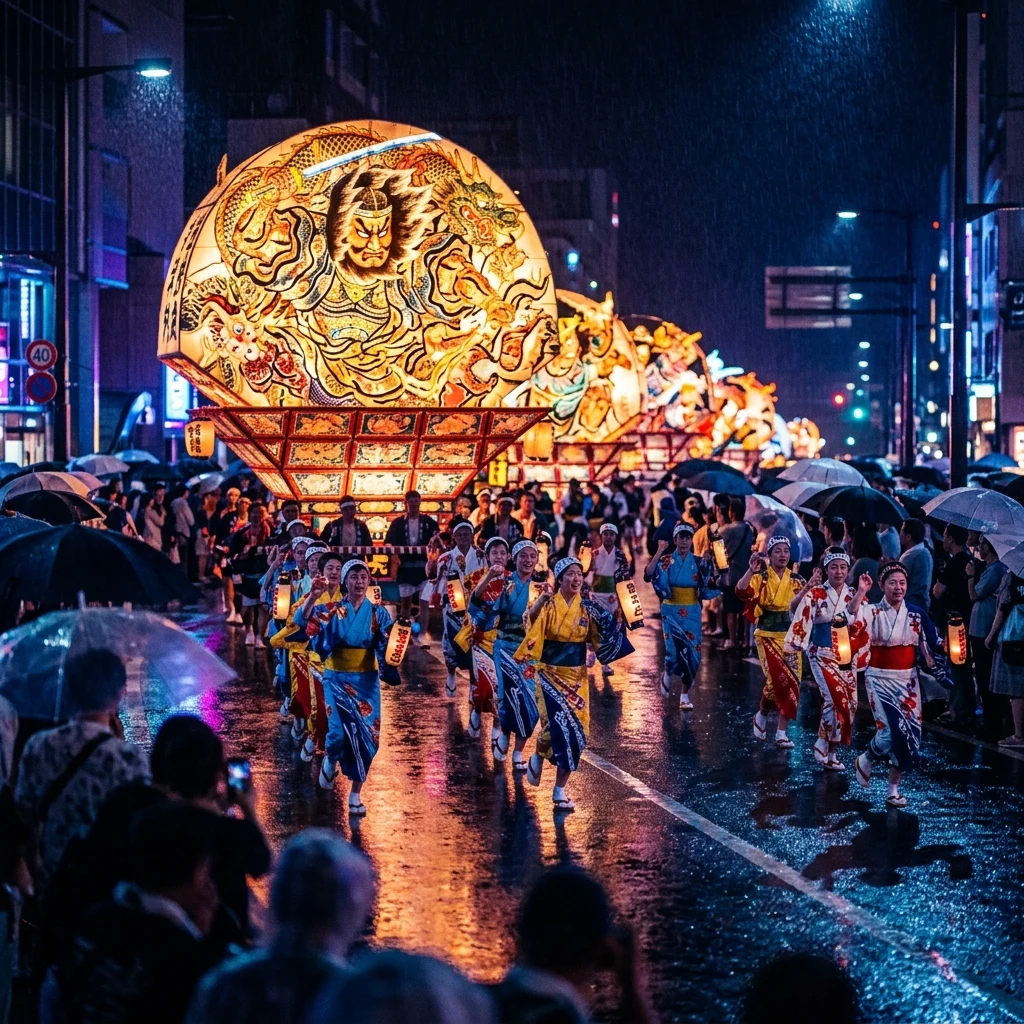 Glowing paper floats in a rainy street