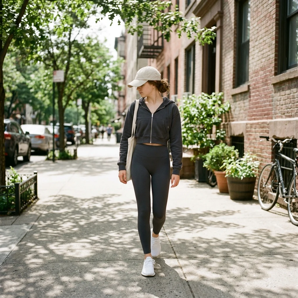 Casual morning walk on a city sidewalk