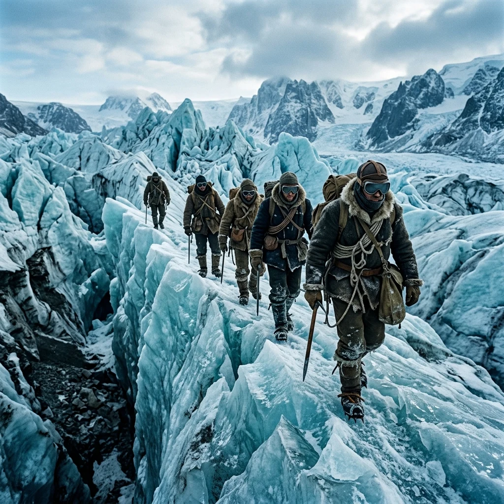 A post-apocalyptic hunting party tracking game across a ridge of wind-scoured blue…