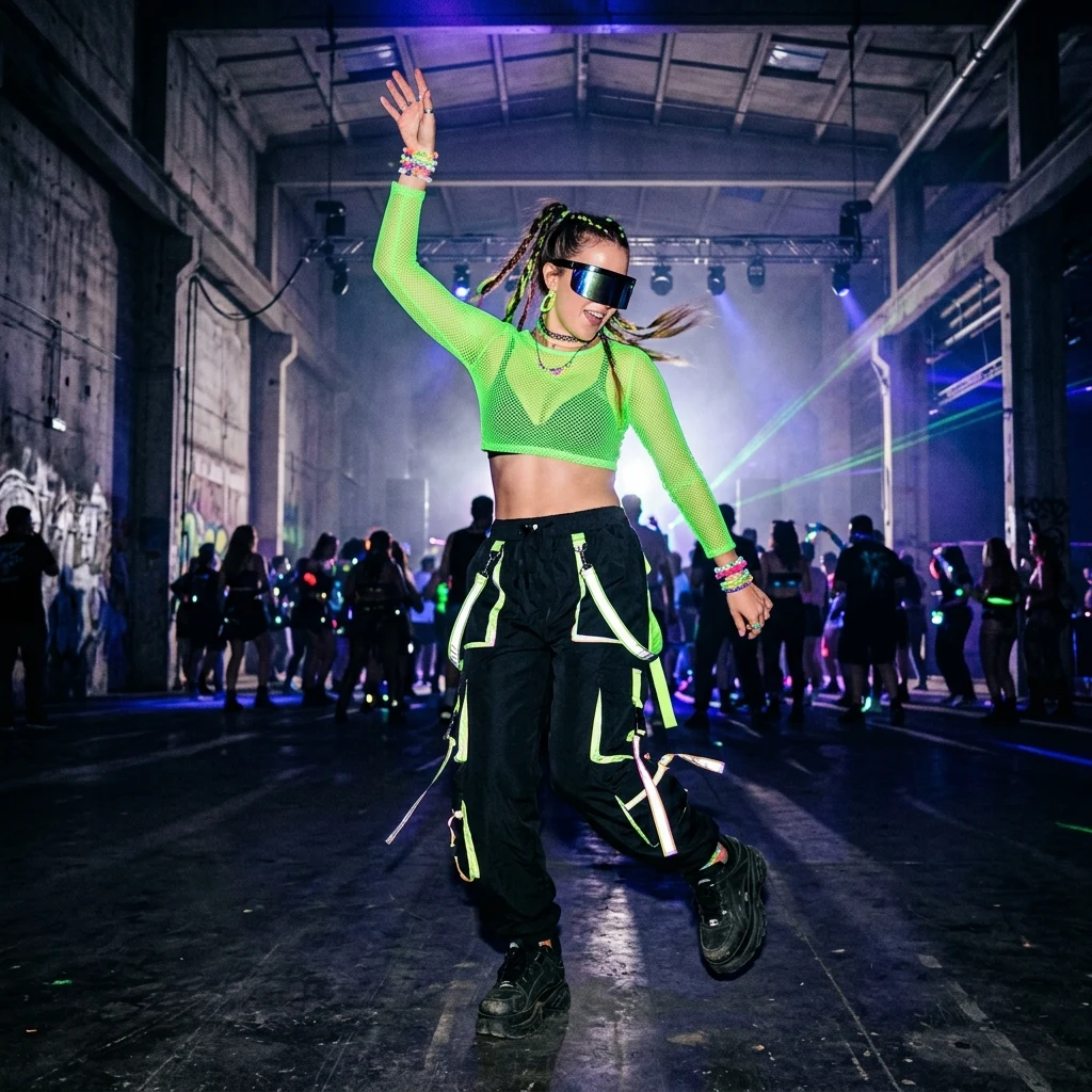 A 2000s raver in a neon mesh long-sleeve tee