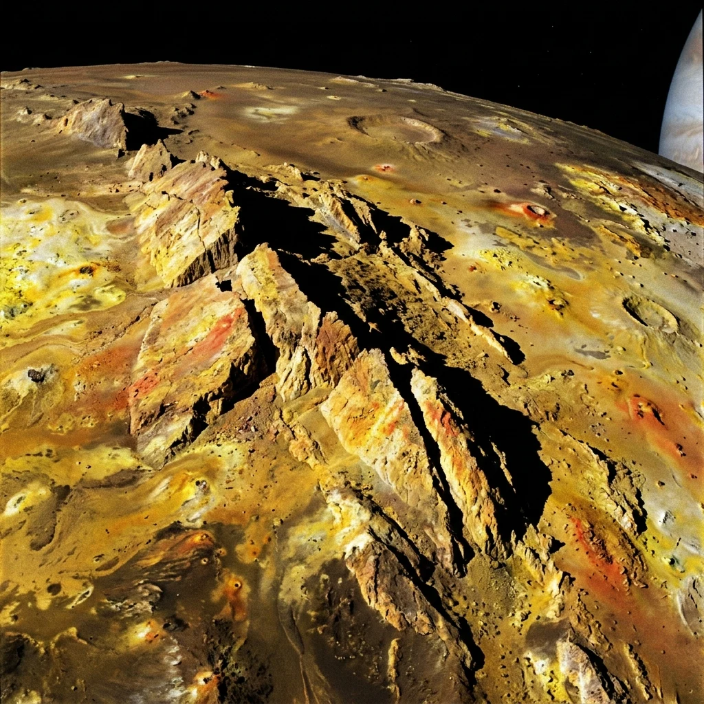 An orbital photograph of Euboea Montes on Io