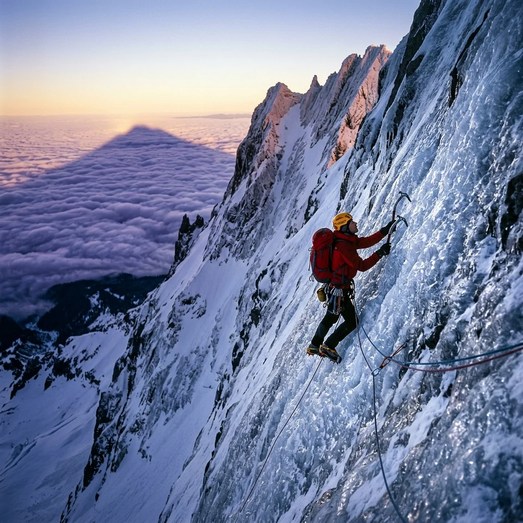 A lone climber ascending the icy headwall of Mount Hood in the Cascades at dawn
