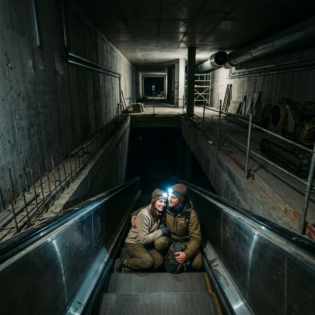 Couple resting in an unfinished subway station