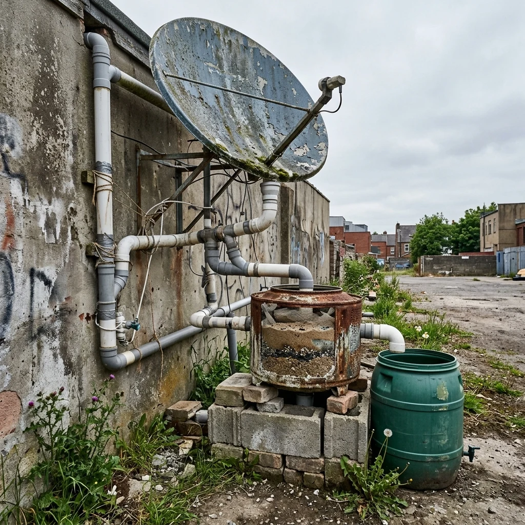A makeshift rainwater catchment system constructed from an overturned fiberglass…